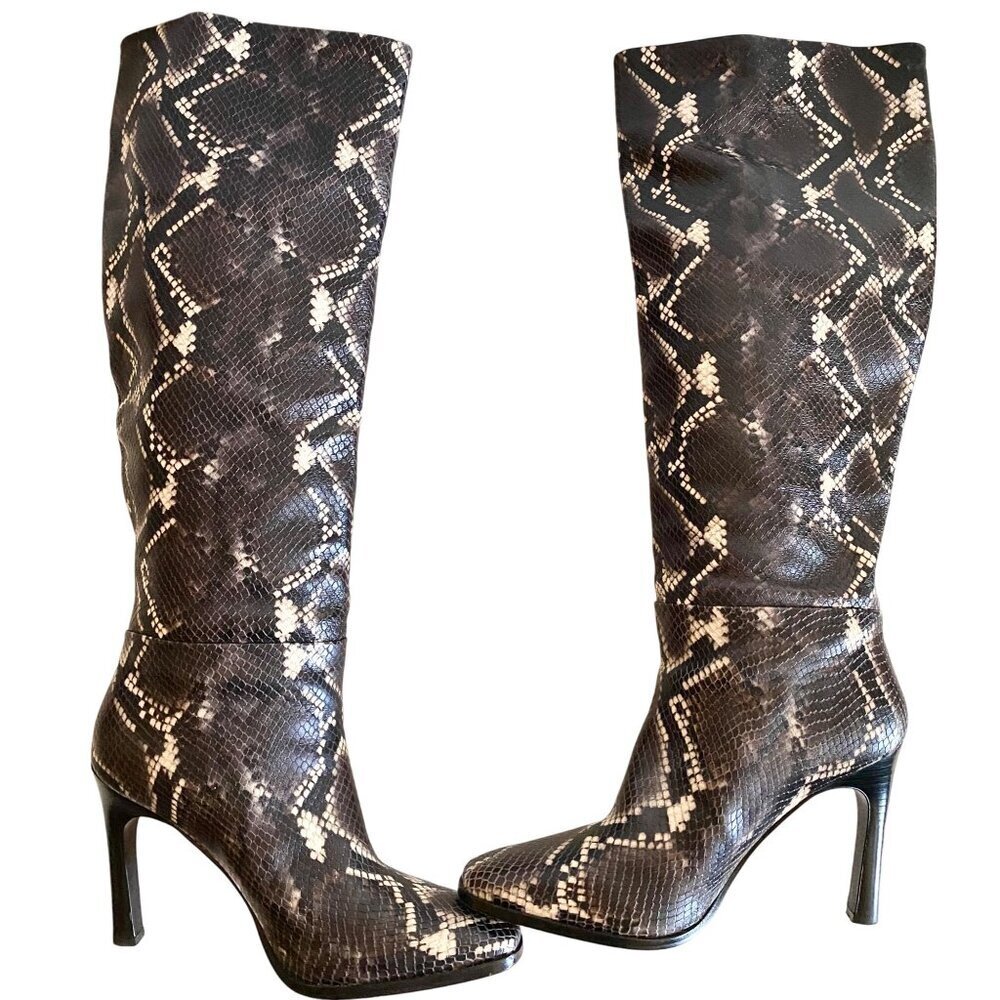 Sigerson Morrison Python Embossed Knee-High Leather Boots 40 Black Brown Snake - Picture 5 of 14